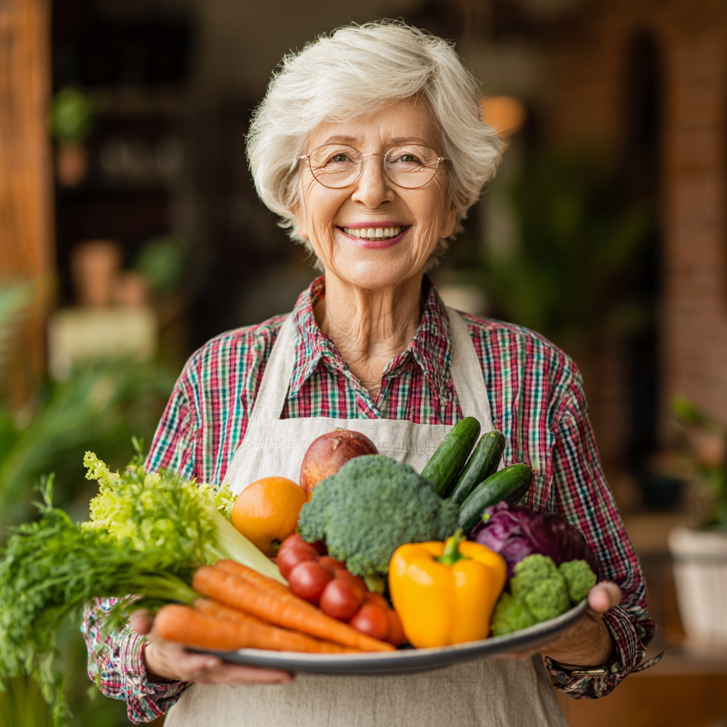 Smiling elderly European woman holding fresh vegetables and fruits in a bright kitchen, representing healthy plant-based nutrition